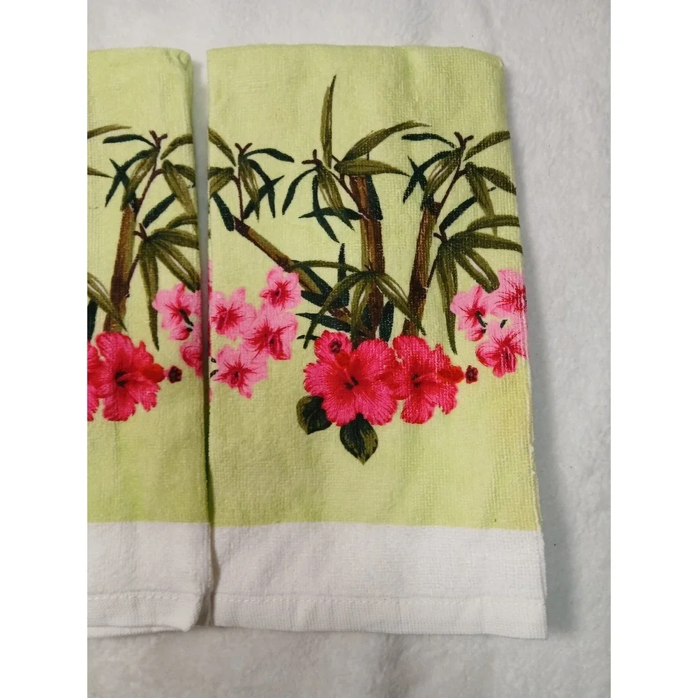 Retro Style 4-Piece Kitchen Cotton Set  Pink Hibiscus Floral & Bamboo Print Rare